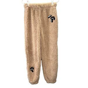 Crave Fame Mushroom Teddy Joggers Pants size M Khaki Tan Embroidered Plush